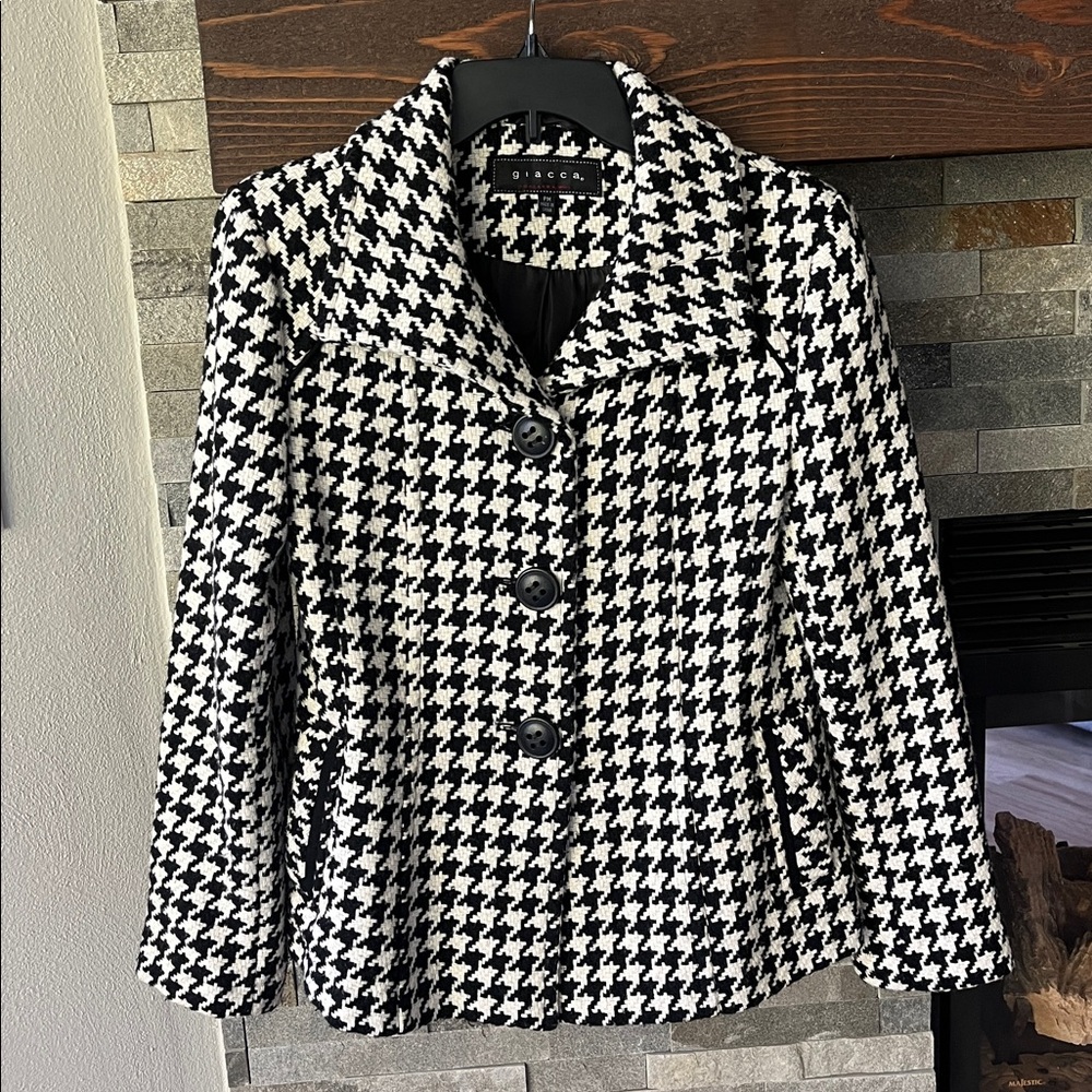 Houndstooth Black White Wool Blend Giacca Tailored Jacket  Buttons Size PM